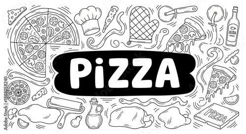 Doodle Vector illustration of Pizza ingredients and cooking utensils surrounding a Pizza sign in a lively culinary scene