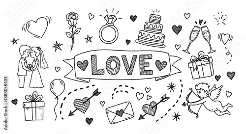 A Doodle Vector collection illustrating various love elements including couple, heart, wedding, ring, and cupid surrounding a 'LOVE' banner