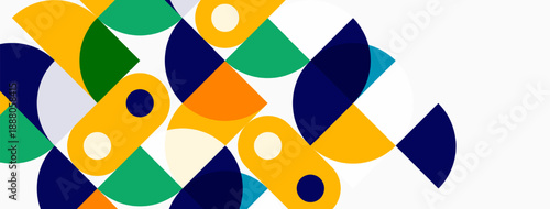 Abstract geometric shapes overlap, creating vibrant pattern. Yellow, blue, green hues dominate composition. Minimalist design, modern aesthetic.