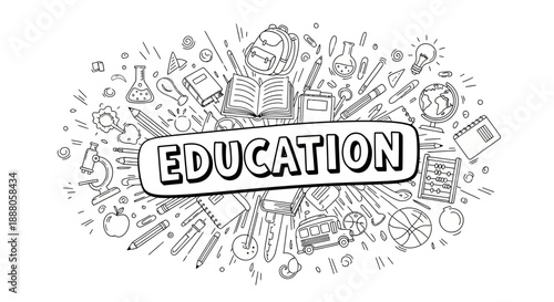 A Doodle Vector illustration of various education symbols surrounding the word EDUCATION in a circular pattern