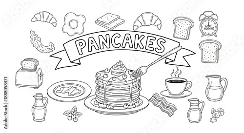 Doodle Vector illustration of a stack of pancakes surrounded by breakfast items on a clean white background