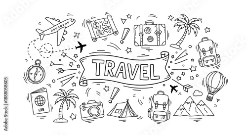 Doodle Vector illustration of travel elements including plane, camera, and palm tree surrounding a travel banner