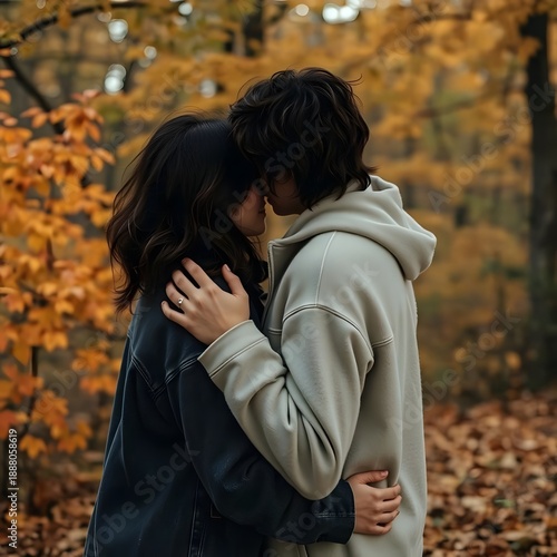 Two people embracing in a cozy fall setting, with warm colors and autumn foliage in the background.