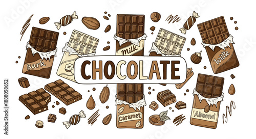Assorted Chocolate Bars and Ingredients Doodle Vector Illustration on a Flat Lay