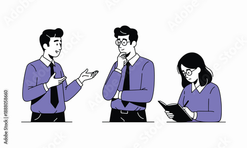 Three coworkers in purple shirts discussing and taking notes meeting