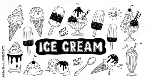 Doodle Vector illustration of assorted Ice Cream treats and desserts in a playful, hand-drawn style