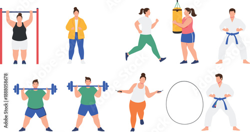 Set of people doing sport exercises vector illustration, fitness training and workout activities collection for healthy lifestyle design