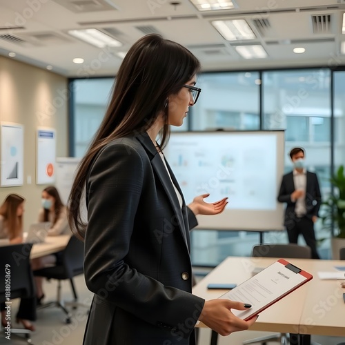 Professional woman giving a presentation in a modern office setting.