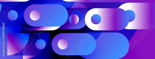 Abstract composition featuring overlapping circles, rectangles. Gradient colorsblues, purplescreate dynamic visual effect. Modern design elements.