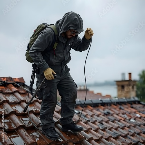 Man inspecting and repairing a waterlogged rooftop on a rainy day
