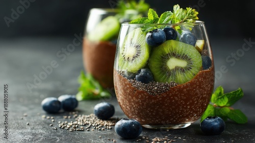 Chocolate Chia Pudding with Kiwi Mint and Blueberries in Glass Close Up