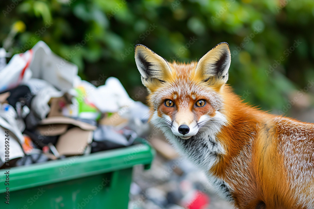 Fototapeta premium Urban fox standing near green garbage bin surrounded by trash showing wildlife adaptation and pollution issue, generative ai