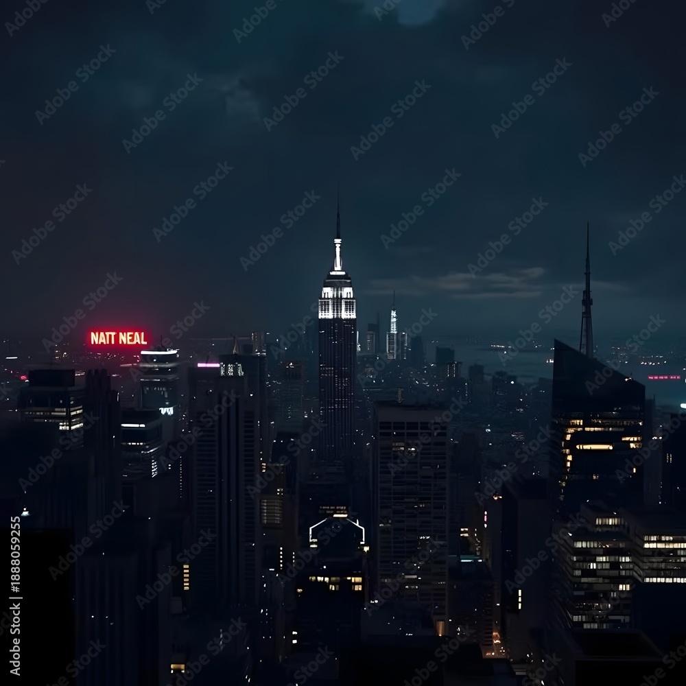 Obraz premium Dark, moody, neon-lit skyline at night