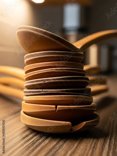 Stack of wooden spoons arranged decoratively on a wooden surface