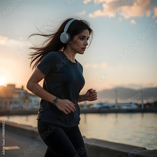 Woman jogging with headphones at dawn with waterfront in background