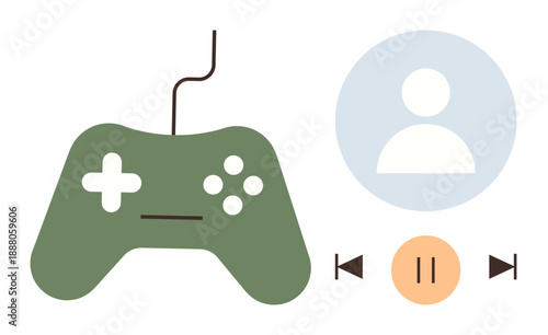 Gaming, user profiles, digital media, entertainment, virtual connection, app interface. Gaming controller with profile icon and playback buttons. Gaming and user profiles concept