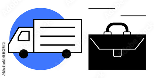 Logistics, business planning, shipping services, supply chain management, corporate operations, job delivery. A delivery truck next to a briefcase icon. Logistics and business planning