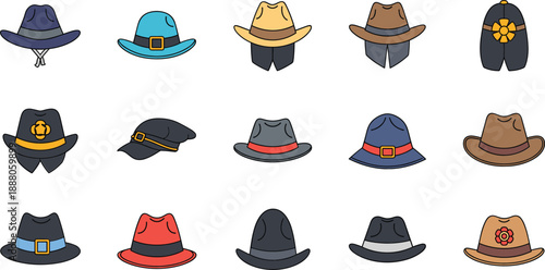 Set of stylish hats and headwear icons vector illustration, colorful fashion accessory collection for men and women design
