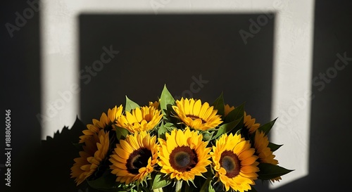 Sunlit sunflowers bloom, framed by geometric shadow on a stark wall