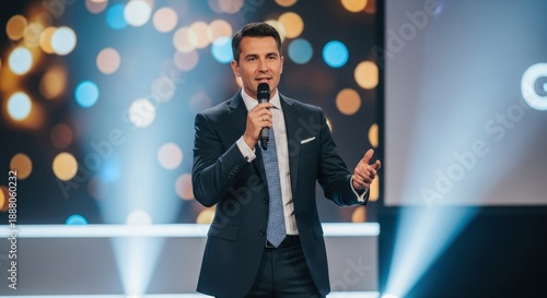 Whisk. Man host speaking on microphone at conference. Public announcer presenting live event or podcast. Professional speaker performance