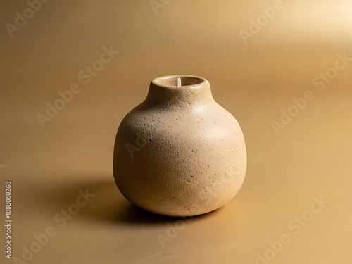 Textured beige stoneware candle holder against soft warm backdrop studio shot