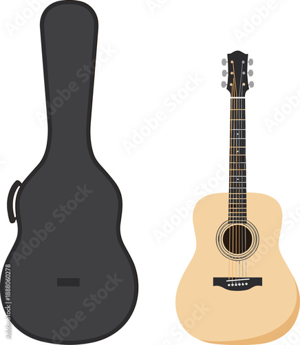 Acoustic guitar with black case, light wood body, dark fretboard, musical instrument, six strings, white background, detailed illustration