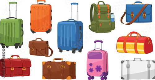 Set of travel luggage bags and suitcases vector illustration, colorful baggage collection for vacation and tourism design