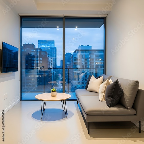 Urban apartment interior boasts panoramic city views and modern design