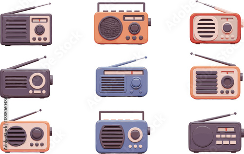 Set of vintage portable radio devices vector illustration, retro broadcasting receivers collection for music and communication design