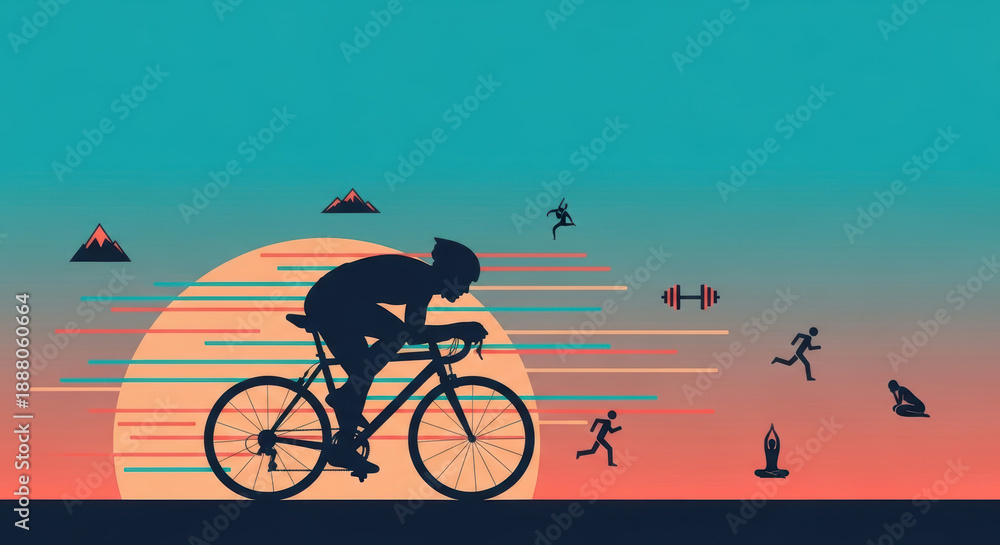 Fototapeta premium Cyclist Silhouette with Mountain Landscape and Fitness Icons