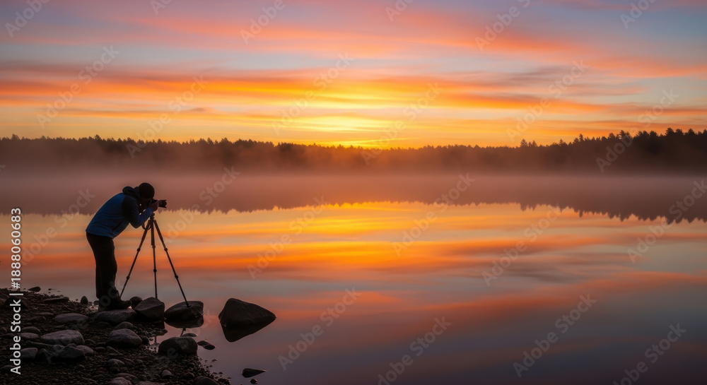 Fototapeta premium Photographer capturing sunrise over misty lake with tripod