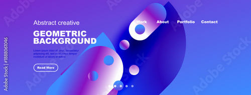 Abstract geometric background design. Vibrant colors, shapes, text elements present. Website header illustration. Modern style.