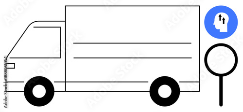 Logistics concept. Logistics ed by a truck alongside icons for analysis and planning. Logistics focuses on delivery, optimization, and management. Perfect for supply chain, analysis tools