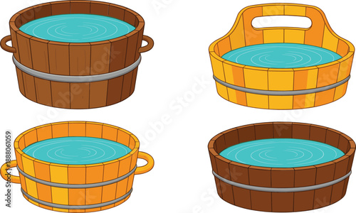 Set of wooden water tubs and buckets vector illustration, rustic spa basin containers for bath and wellness design