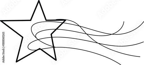 Stylized star illustration, black outline, motion trails, dynamic swirl design, celebration icon, achievement symbol, decorative graphic, white background