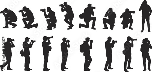Photographer silhouette illustration, camera poses, black figures, field gear, backpacks, kneeling and standing stances, white background, photography concept