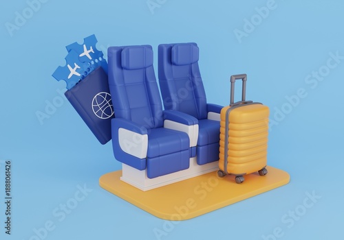 A 3D illustration of an airplane flight with seats, a suitcase, and a passport with tickets. Concept for air travel, tourism, passenger transportation, business travel, and international travel.
