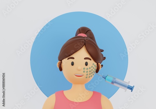 A 3D illustration of a young woman receiving aesthetic injections to her face. Conceptually related to skin care procedures, mesotherapy, anti-aging therapy, fillers, and skin rejuvenation.
