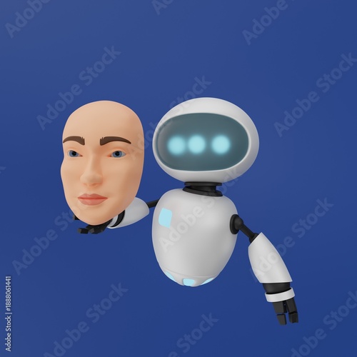 A 3D robot holding a human mask. Concepts of AI identity, robotics, and the blurred boundaries between human and machine, imitation of human behavior, and digital consciousness in modern technologies.