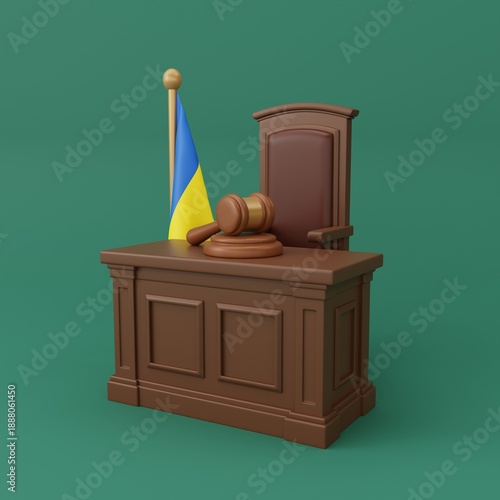 A 3D illustration of a courtroom with a judge's table, a wooden gavel, and the Ukrainian flag. Concepts of the rule of law, judicial authority, and legal authority in the Ukrainian legal system.

