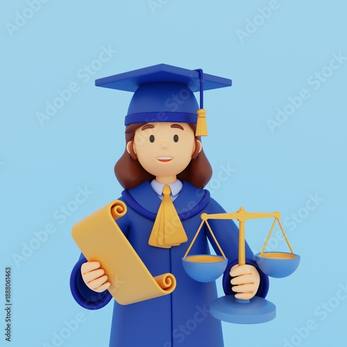 A 3D illustration of a female judge holding the scales of justice and a legal document scroll. Conceptual representation of justice, the judicial system, regulation, human rights, and legal support.

