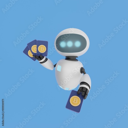 A 3D robot holding Bitcoin cards. The concept of cryptocurrency and digital finance, decentralized finance, blockchain innovations, and the role of artificial intelligence in financial systems.
