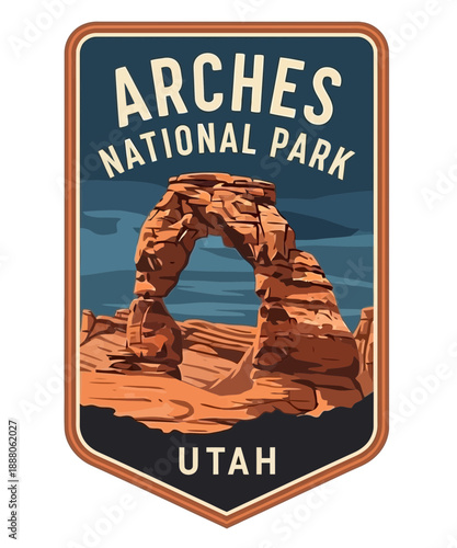 Arches National Park Utah badge with Delicate Arch and desert landscape in stylized graphic art. Vintage vector emblem badge patch, retro design, transparent background