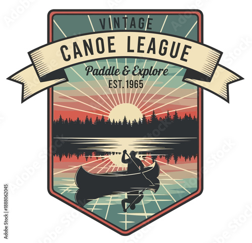 Canoe league badge showing paddler on lake, retro style, forest sunset background, concept of outdoor adventure. Vintage vector emblem badge patch, retro design, transparent background