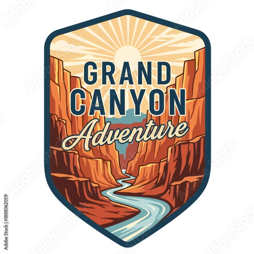 Stylized Grand Canyon badge showing canyon walls, river, and sunburst sky, adventure concept. Vintage vector emblem badge patch, retro design, transparent background