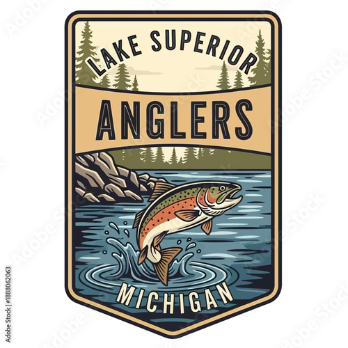 Lake Superior Anglers Michigan badge with jumping trout, forest and lake background, vintage style emblem design. Vintage vector emblem badge patch, retro design, transparent background