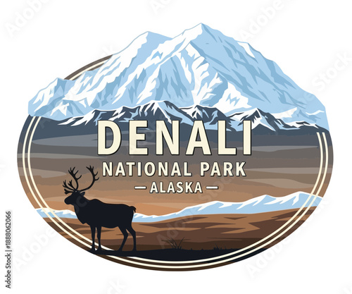 Denali National Park Alaska emblem showing snow-covered mountain and moose silhouette in flat style. Vintage vector emblem badge patch, retro design, transparent background