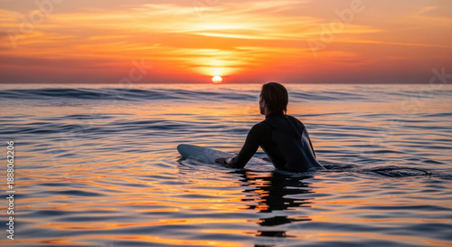 Surfer enjoying golden hour on the ocean