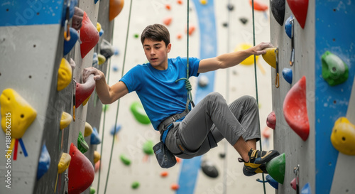 Young man climbing an indoor rock wall with colorful holds