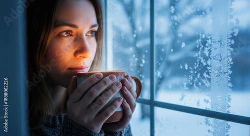 Woman sipping hot beverage by frosty window